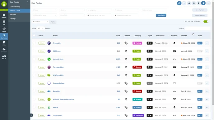 Cost Tracker manage costs page