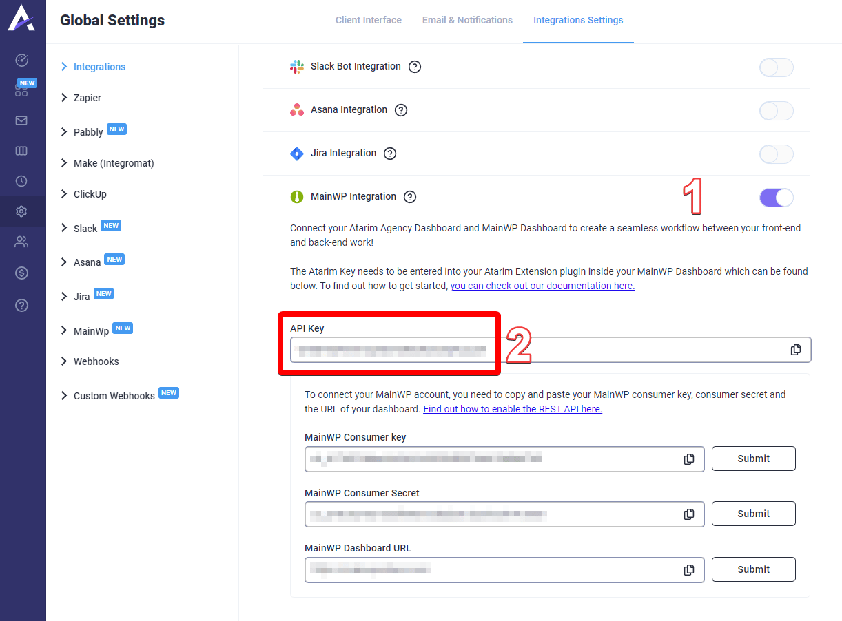 Atarim & MainWP integration API Key