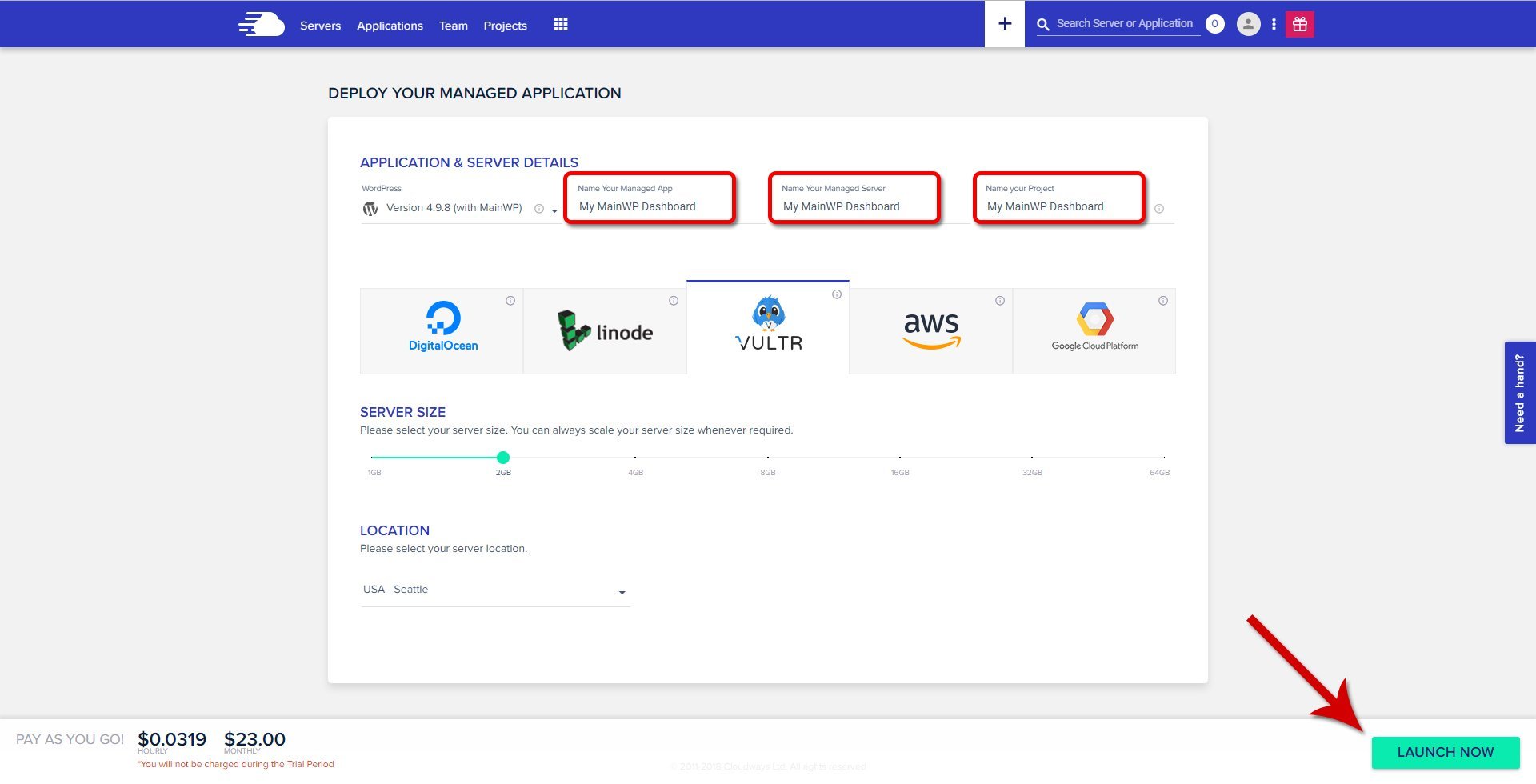 Cloudways - Launch MainWP App