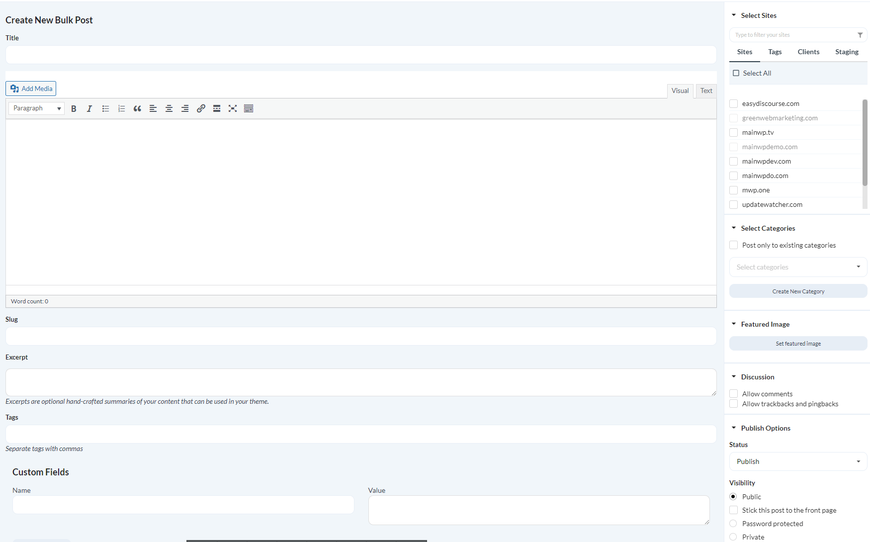 Go to MainWP > Sites > Content Operations > Manage Posts, then click Add New