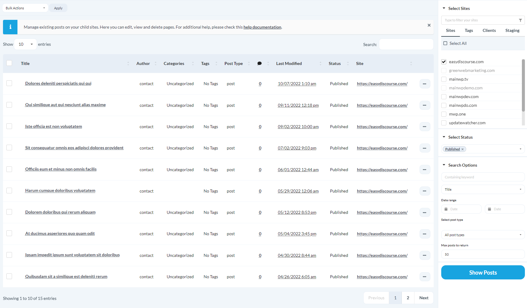 Go to MainWP > Sites > Content Operations > Manage Posts