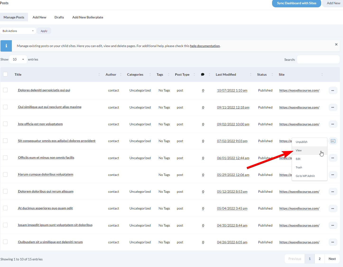 View action button in posts table row
