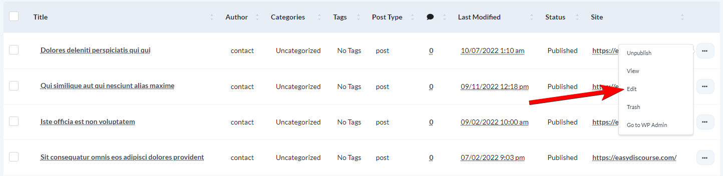 Edit action button in posts table row