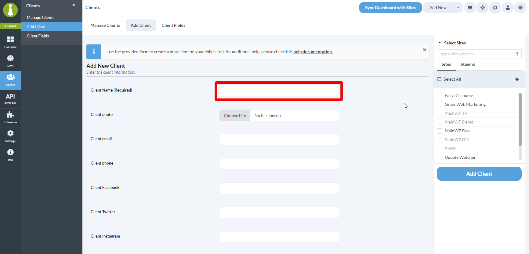 Add Client form with fields for client name and contact information