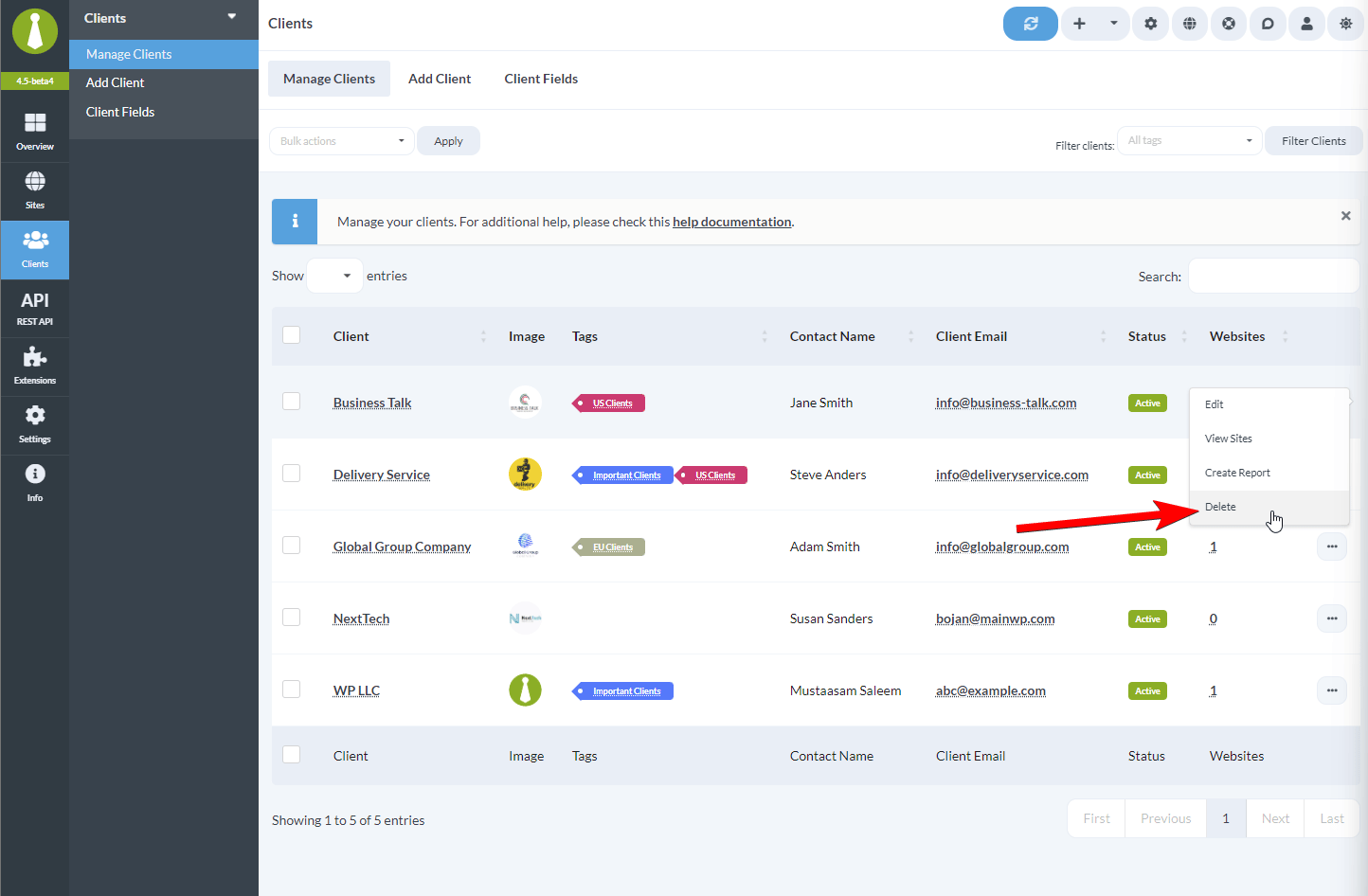 Delete action in the client actions menu