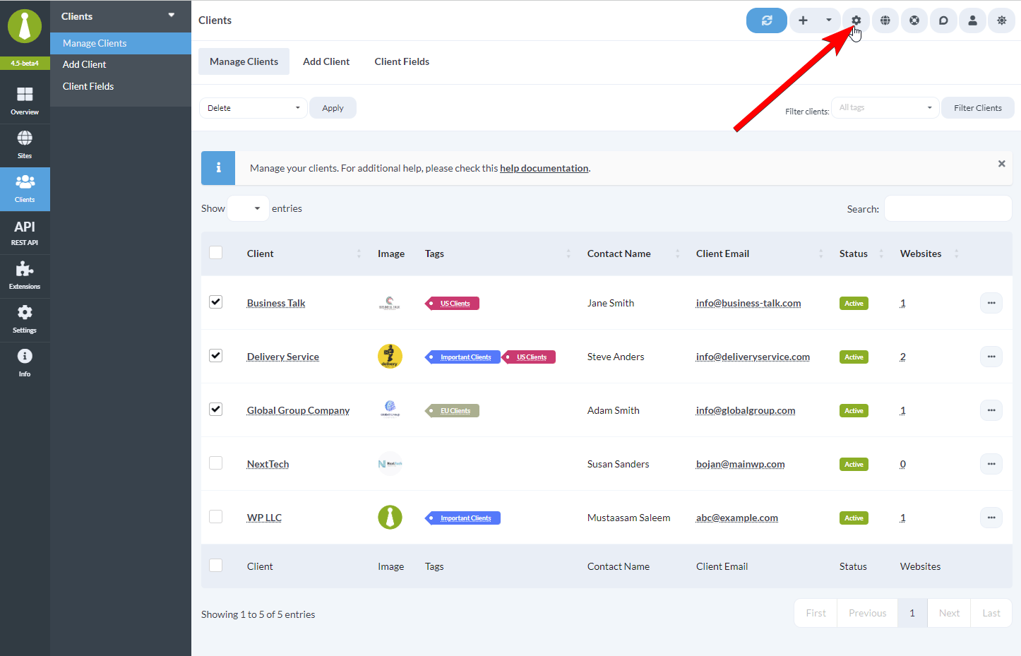 Page Settings cog icon in the top right corner