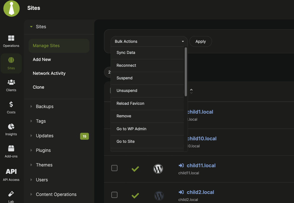 Bulk actions dropdown menu above table