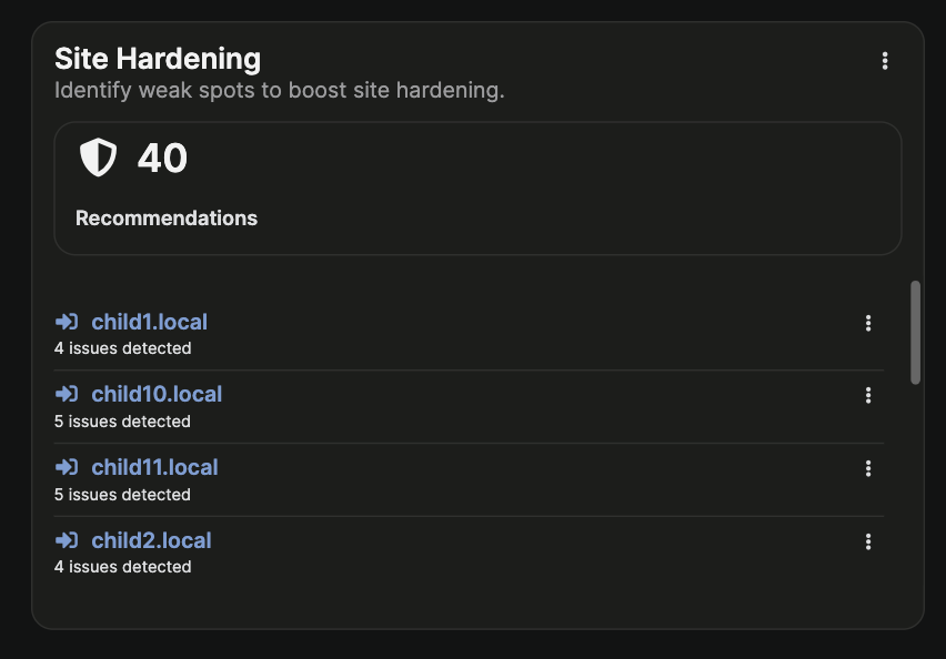 Site Hardening widget showing security issues overview