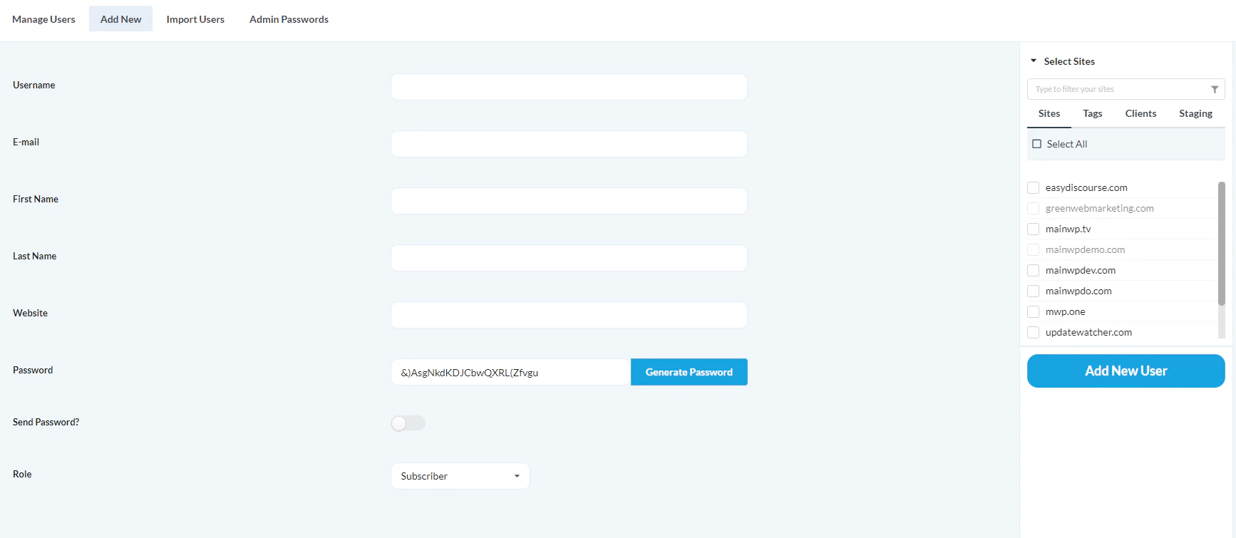 Go to the MainWP > Users > Add New page