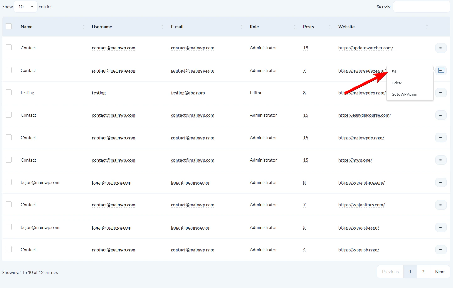 User search results table showing matching users