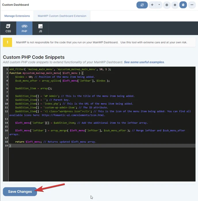 Custom Dashboard - PHP Code Snippet