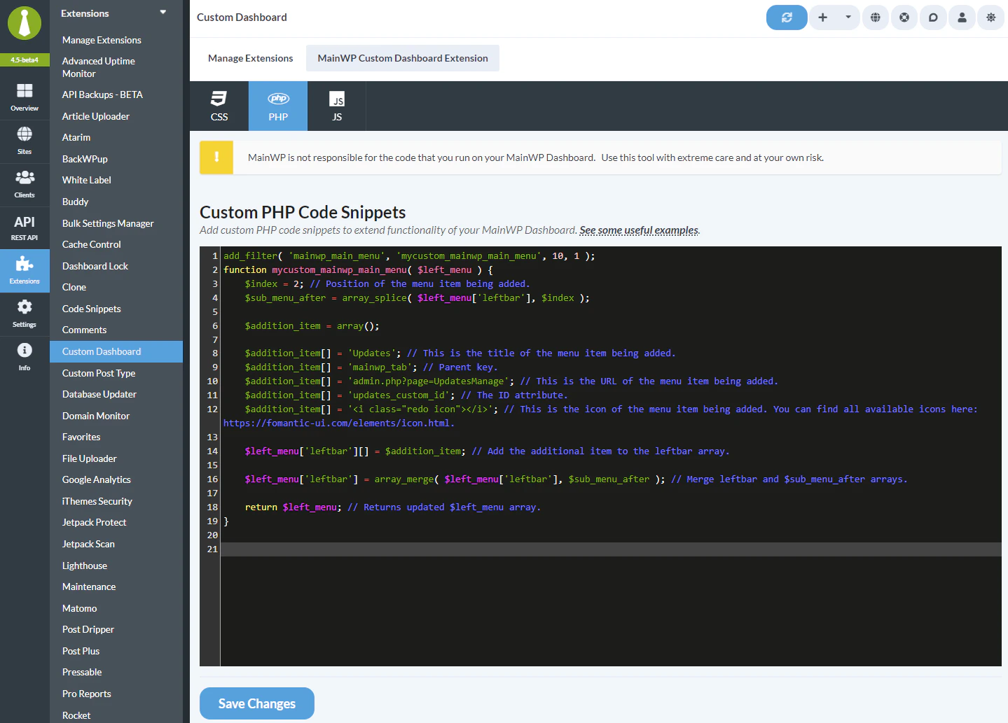 Custom Dashboard extension PHP tab for adding menu code