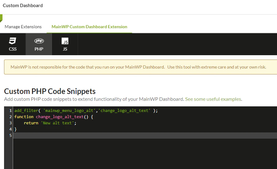 Custom Dashboard extension PHP tab with logo alt text code