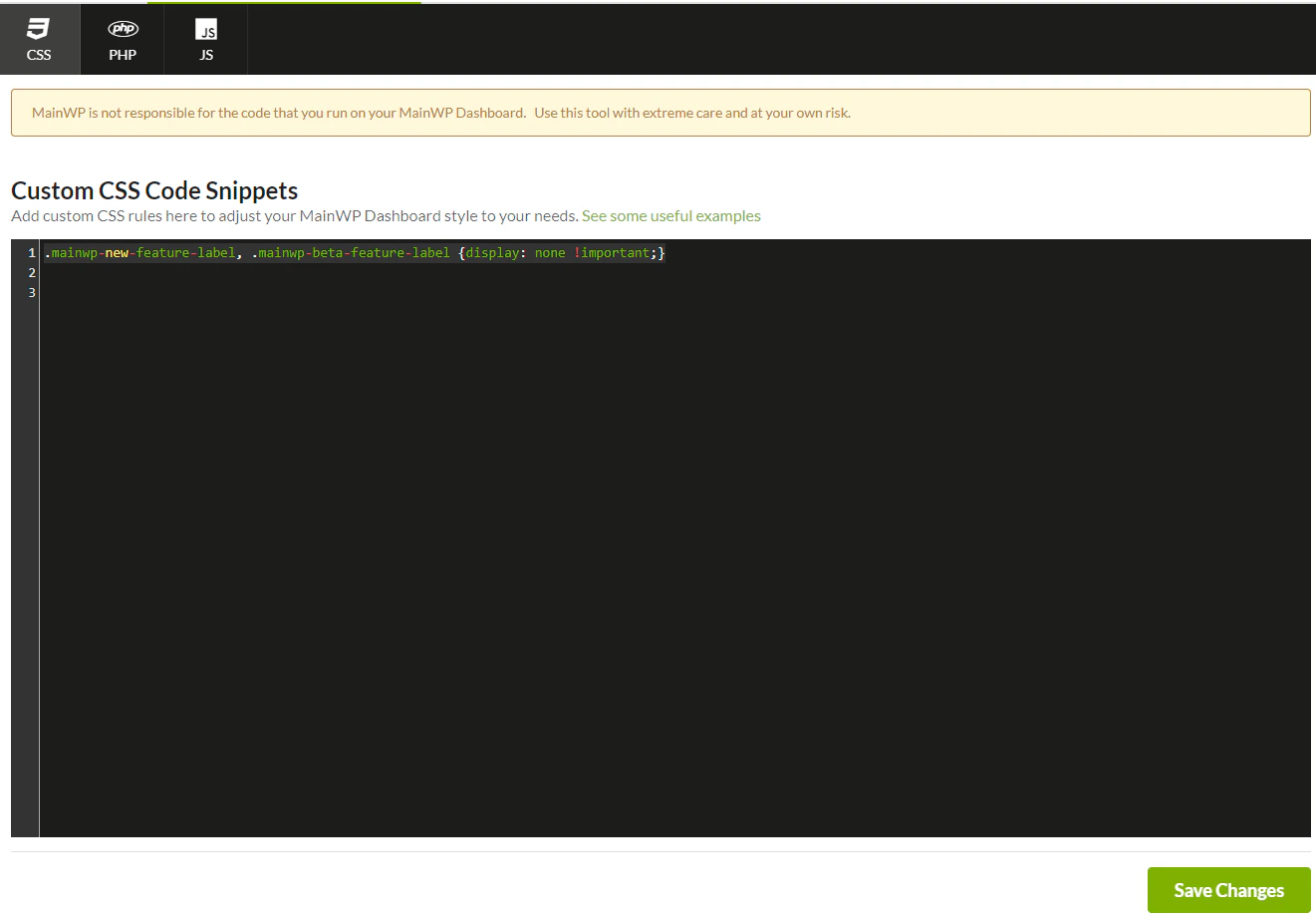 Custom Dashboard extension CSS tab with label hiding snippet
