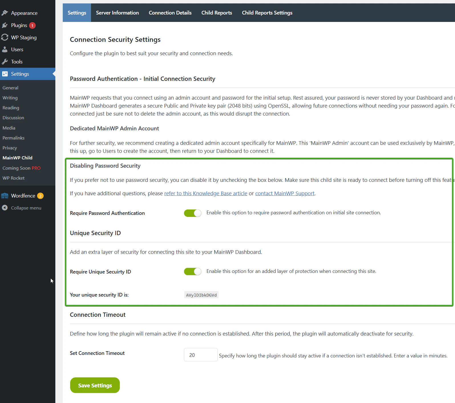 MainWP Child settings with Unique Security ID
