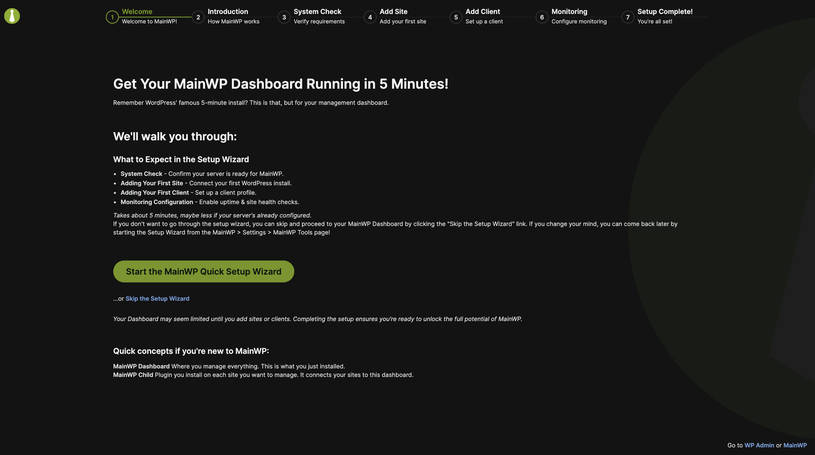 Quick Setup Wizard introduction screen