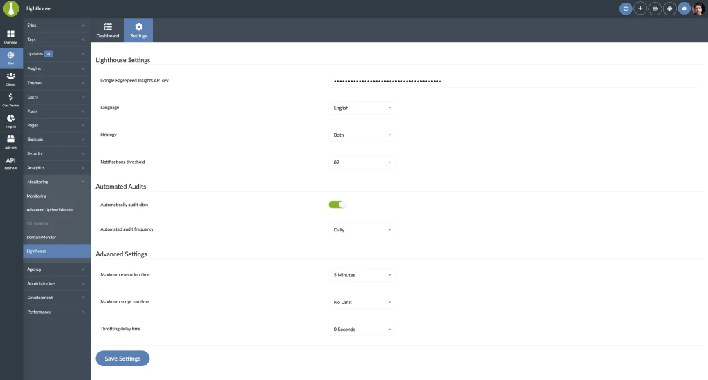 Screenshot of Lighthouse settings page showing all configuration options