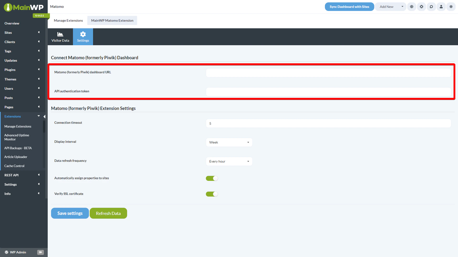 Connect Matomo Dashboard section with URL, API token, and settings fields