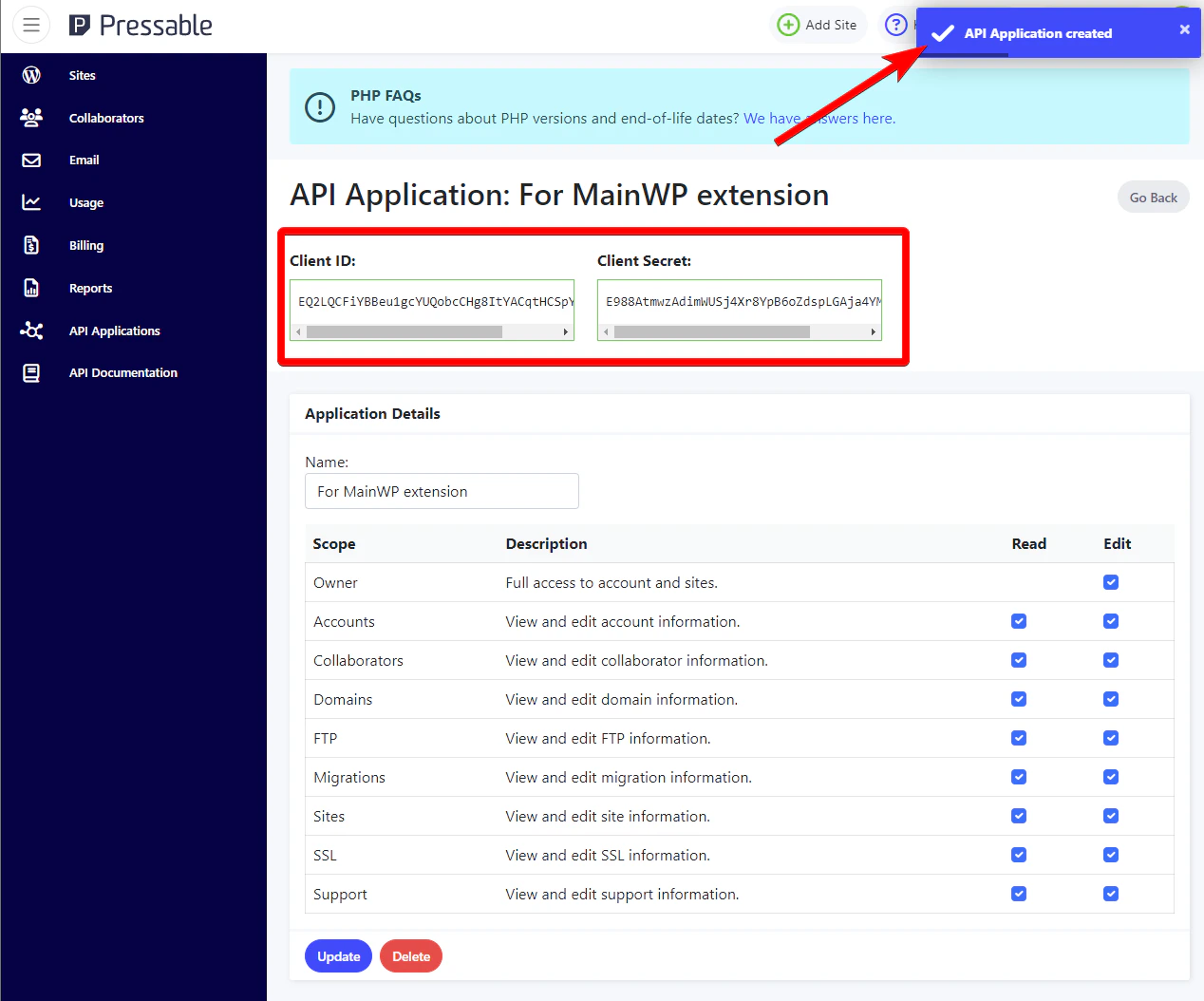Pressable Client ID and Client Secret displayed after creating API application