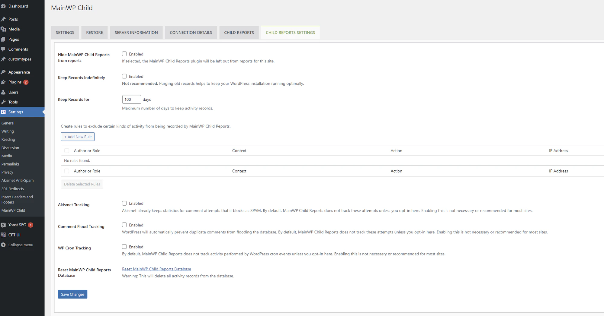 Child Reports settings