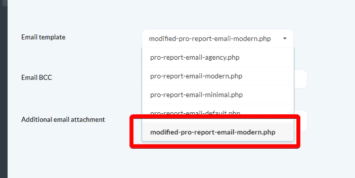 Email Template dropdown in Pro Reports settings