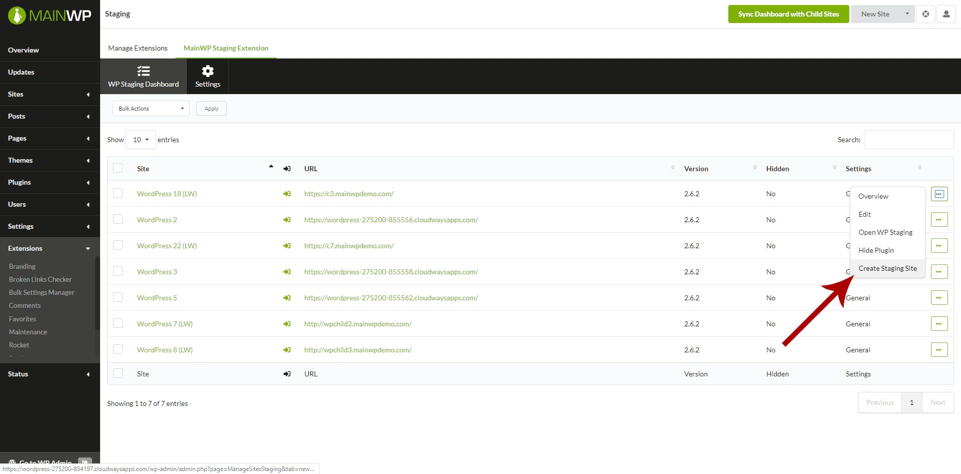 Screenshot showing Create Staging Site action in child sites list