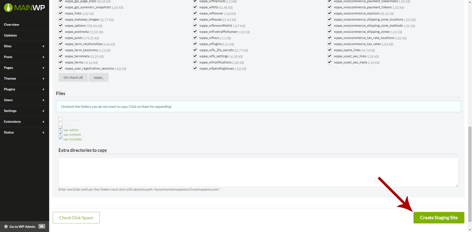 Screenshot of staging site creation form with database and file exclusion options