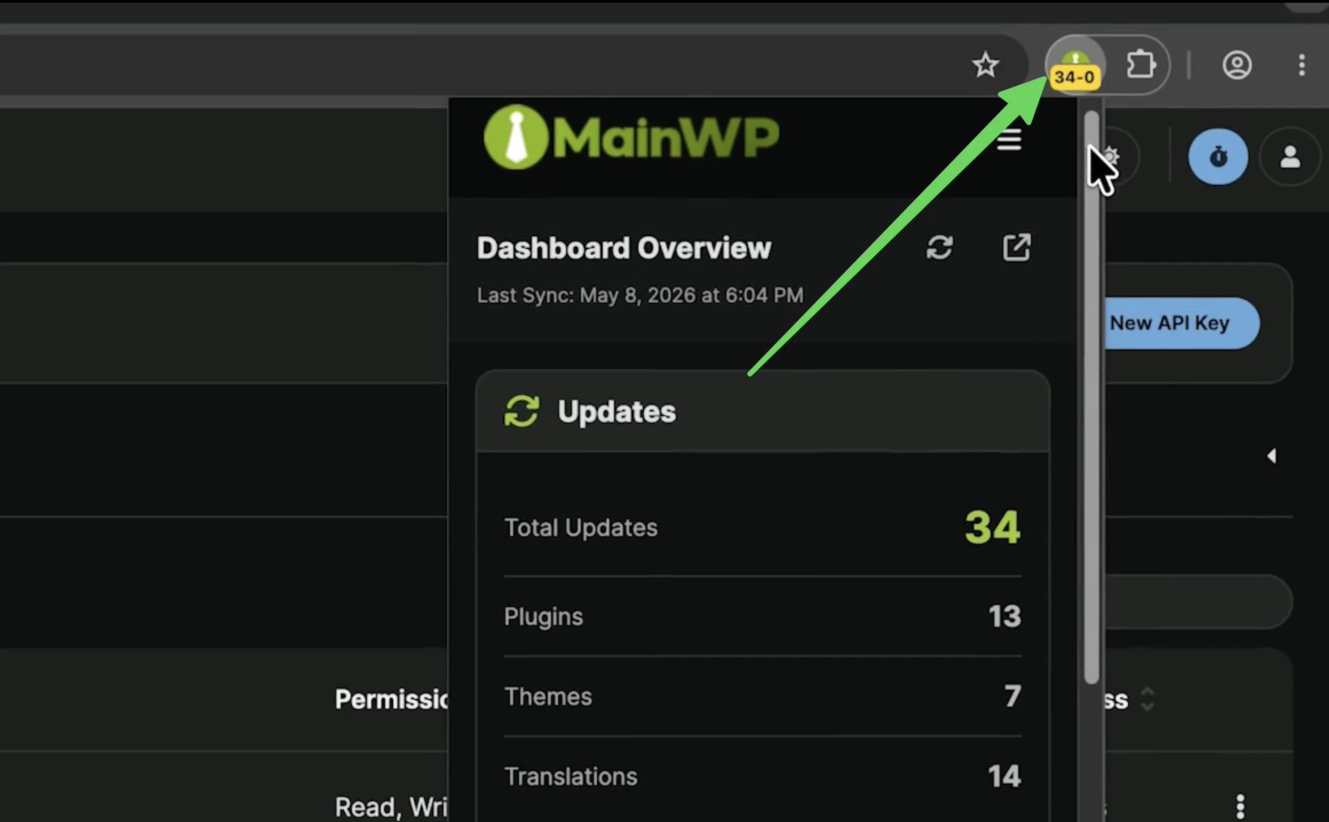 MainWP Browser Extension toolbar popup showing update and tracker status