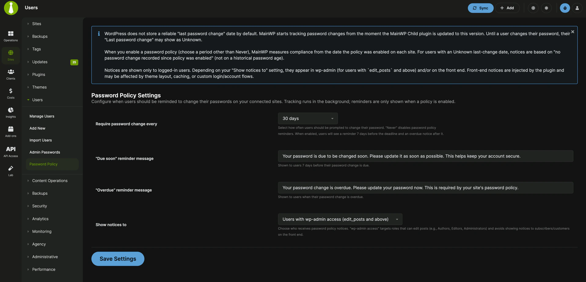 Password Policy settings page in MainWP Dashboard