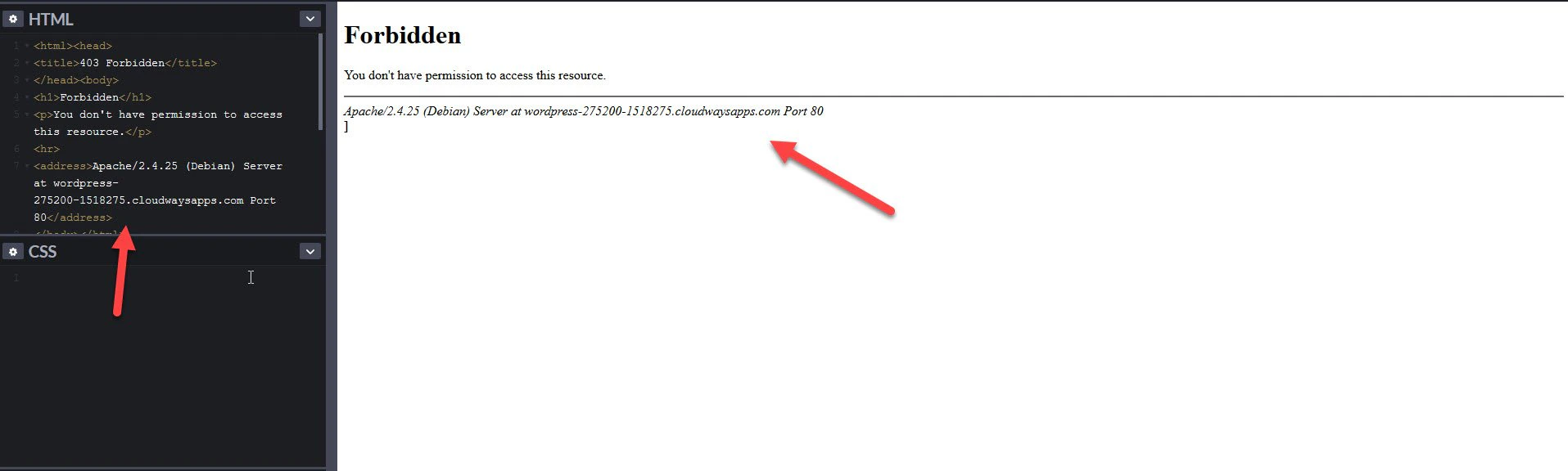 Rendered HTML response showing security rule block message