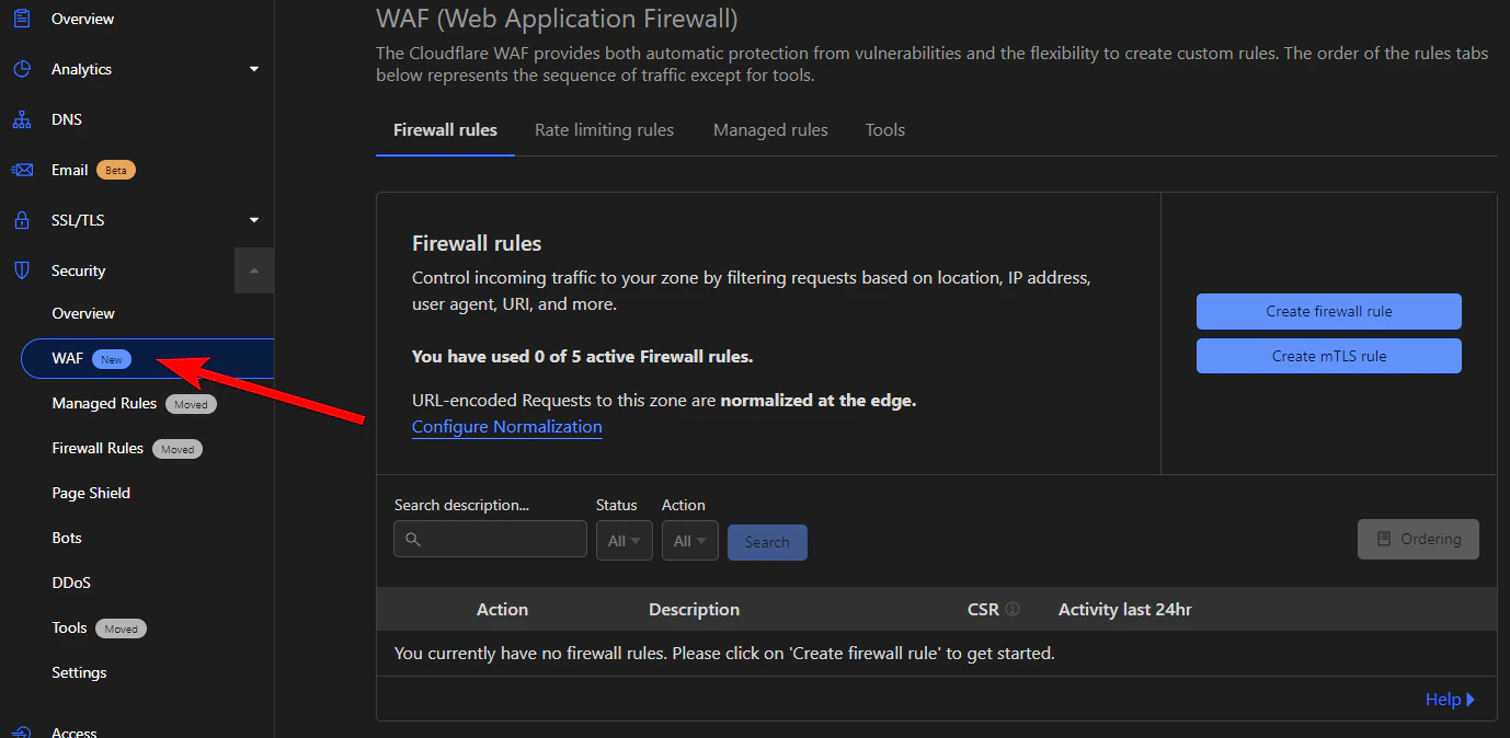 Cloudflare dashboard showing Security menu with WAF option highlighted
