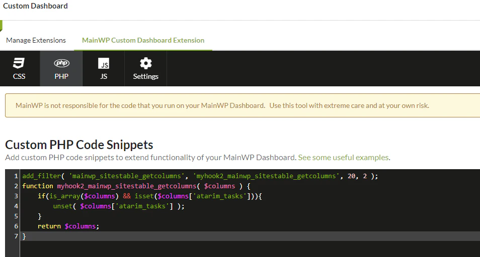 Custom Dashboard, PHP code snippet
