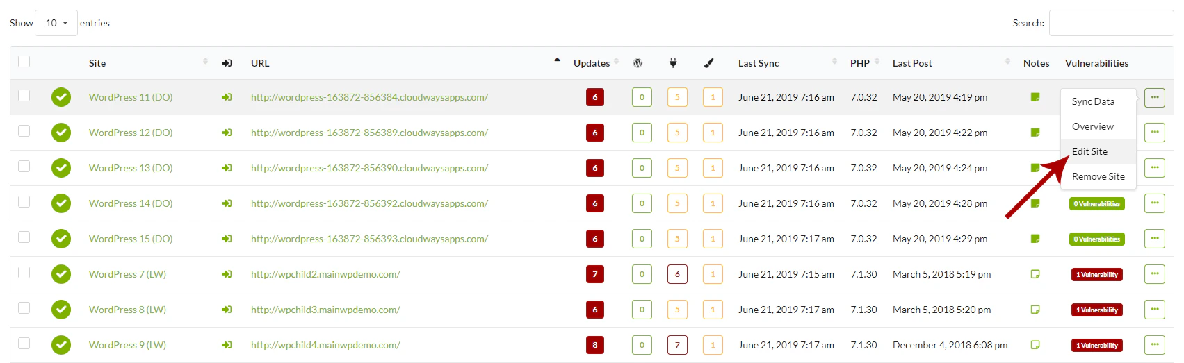 Under the Site column, click the Edit action