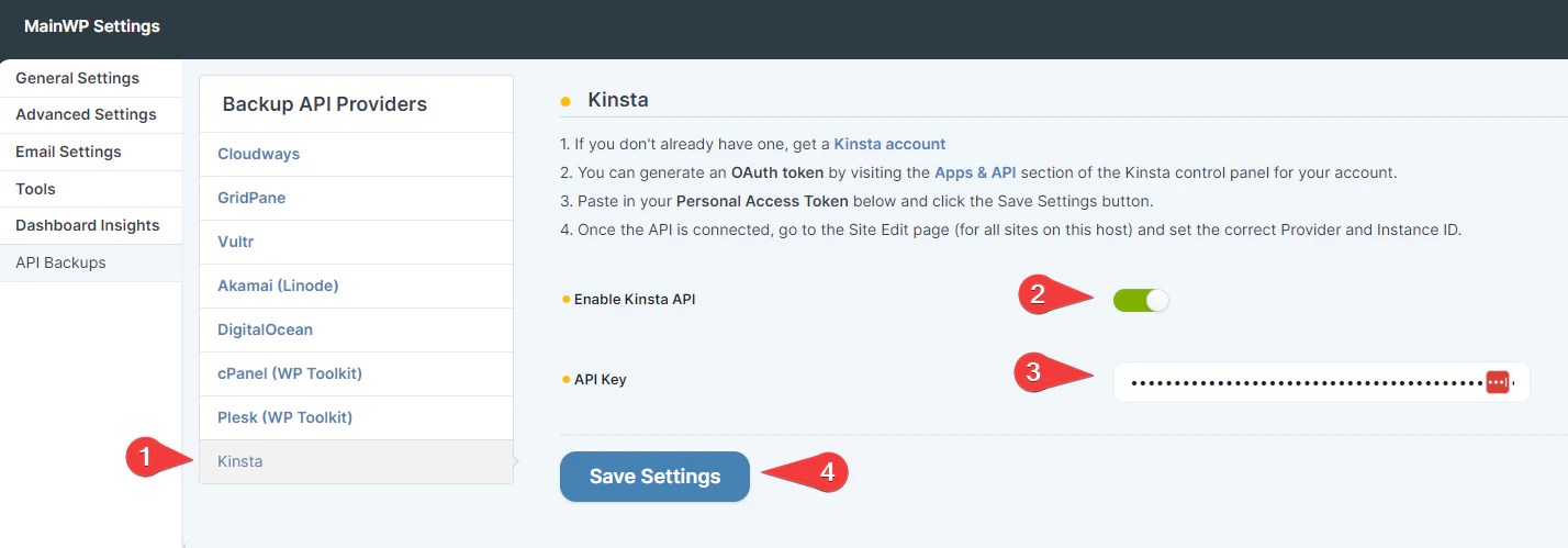 MainWP Kinsta API settings