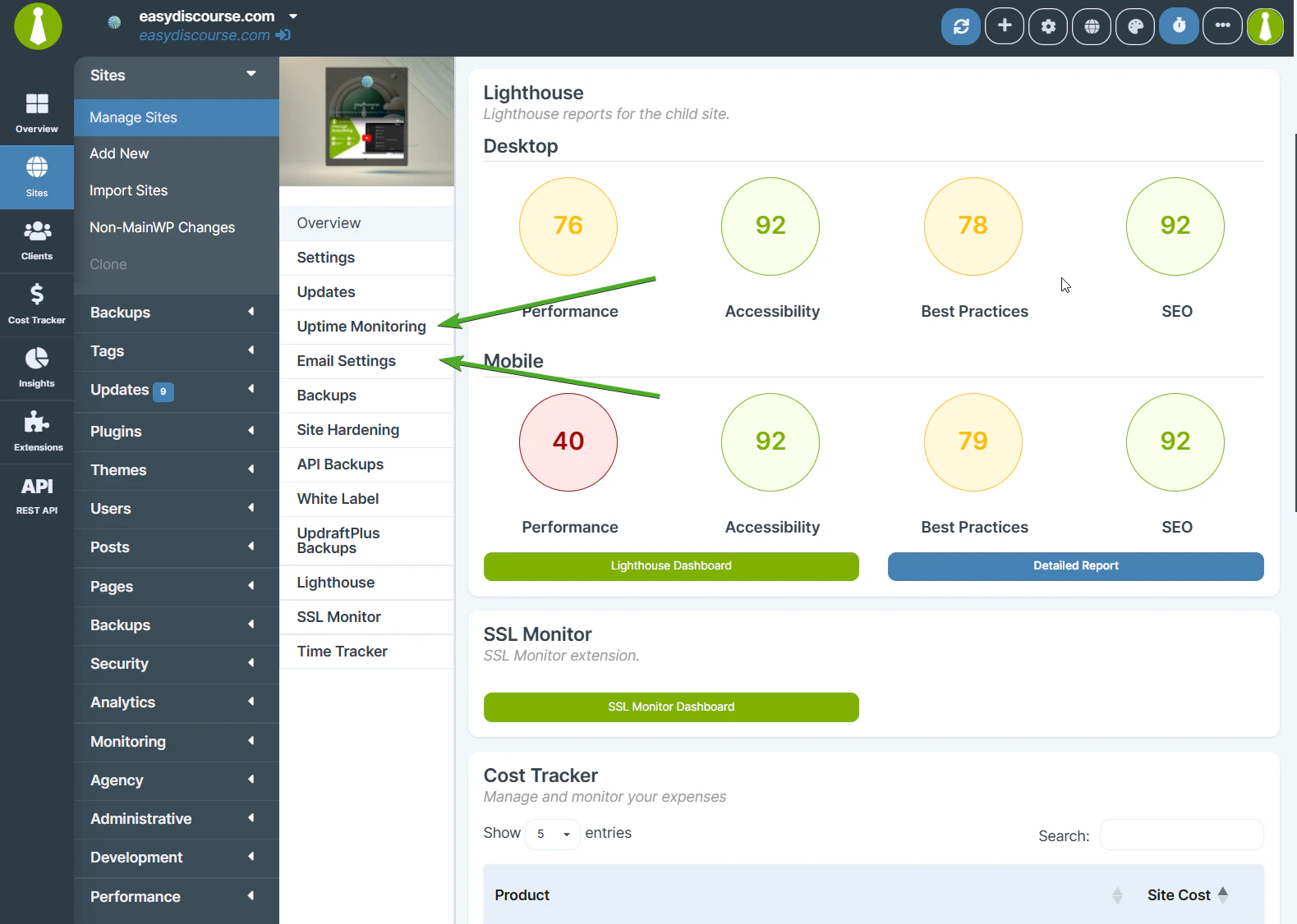 Individual site uptime settings
