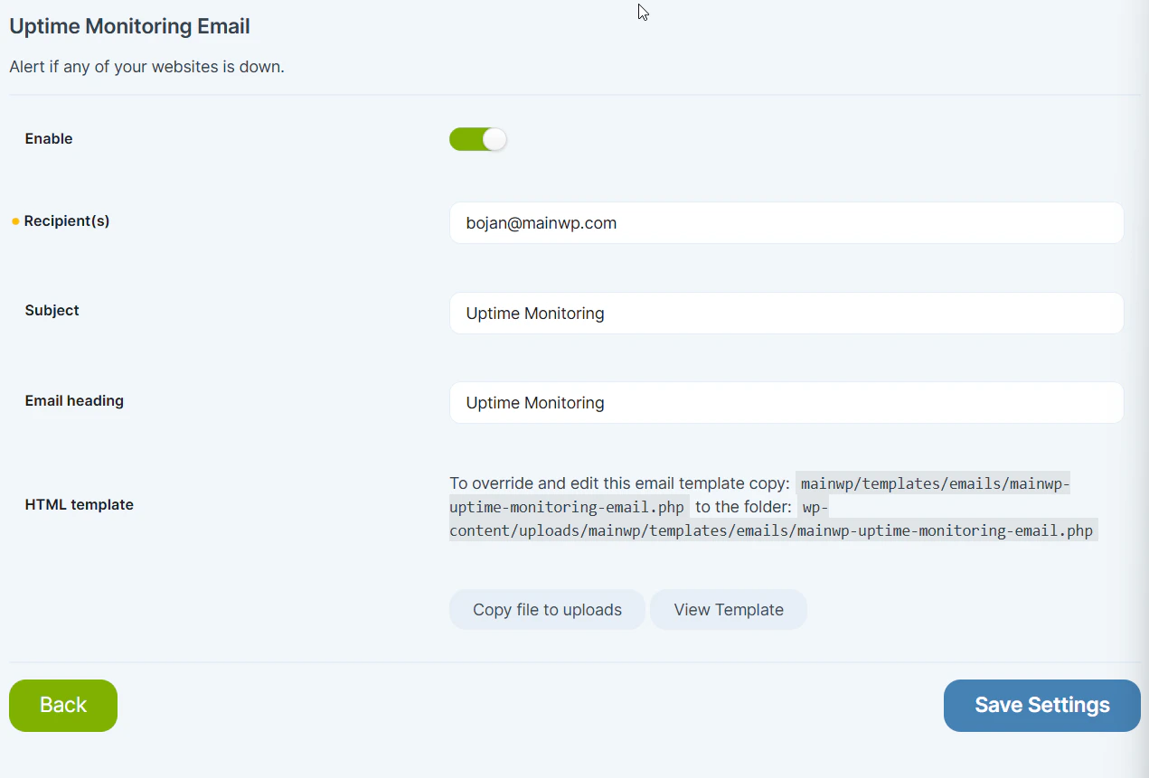 Uptime email settings