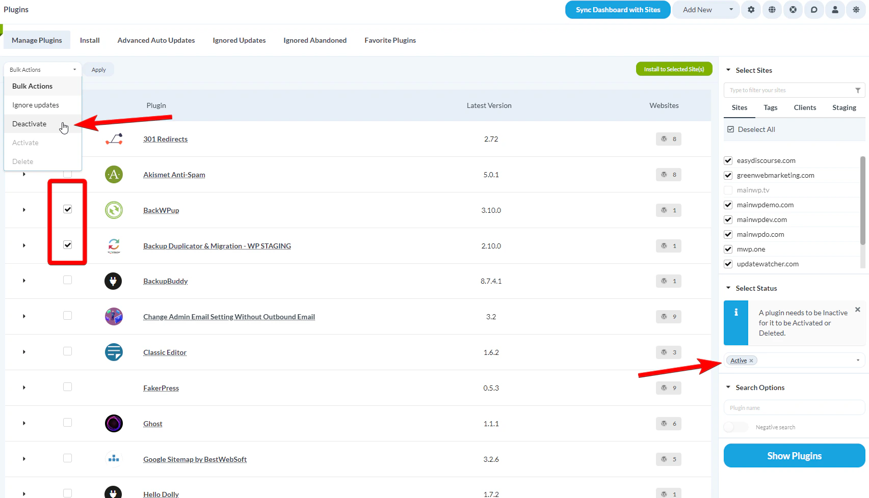 Manage Plugins table with active plugins selected for deactivation