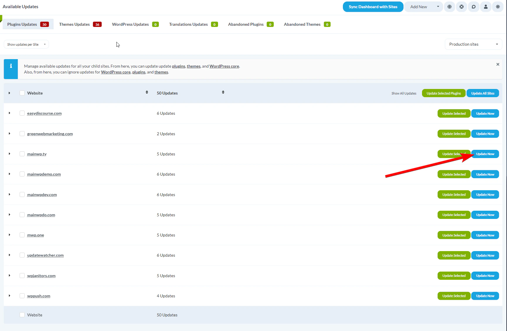 Locate the Child Site that you want to update