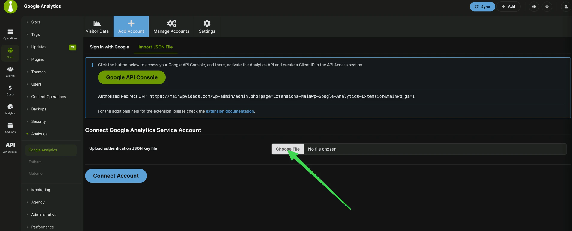 MainWP Google Analytics Add Account page with JSON file upload