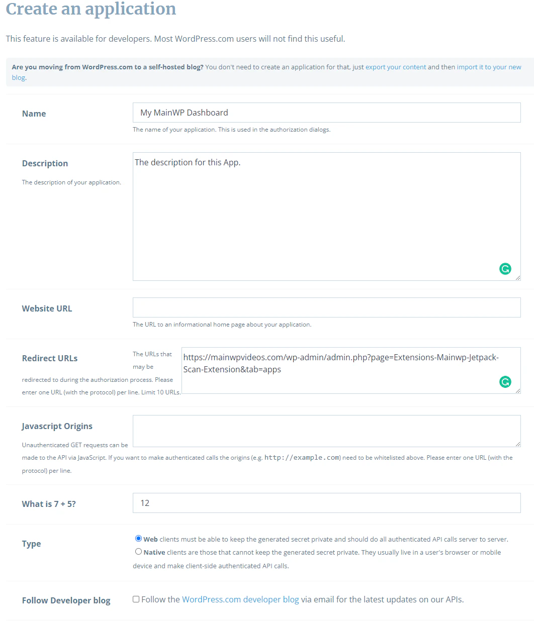 Screenshot of WordPress.com application creation form