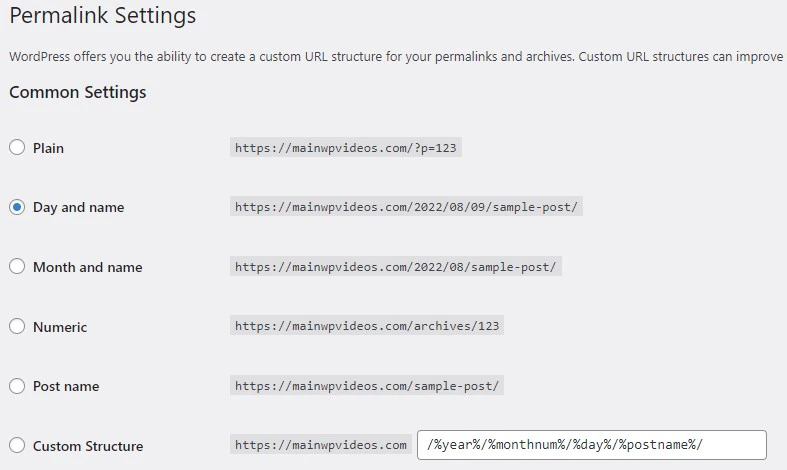 Permalinks settings