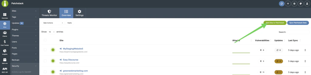 Patchstack Integration Add Sites modal showing site protection options