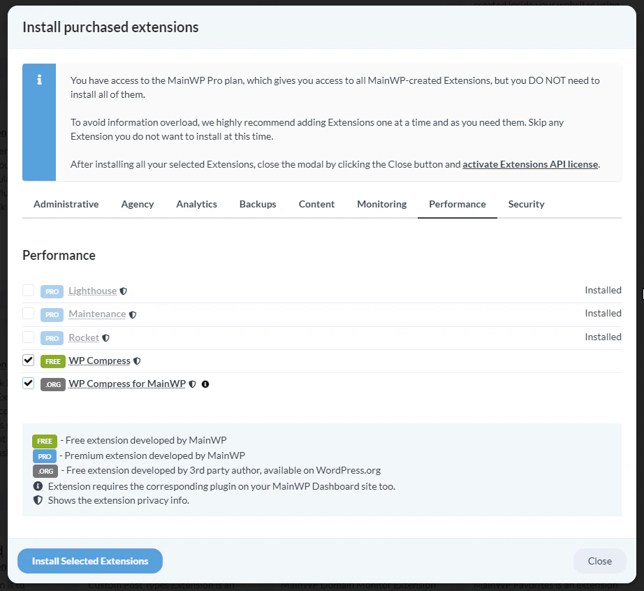 Extension selection modal showing available free extensions
