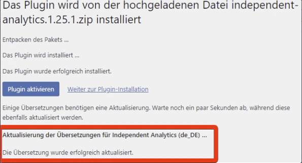 WordPress admin showing automatic translation fetch after direct plugin installation