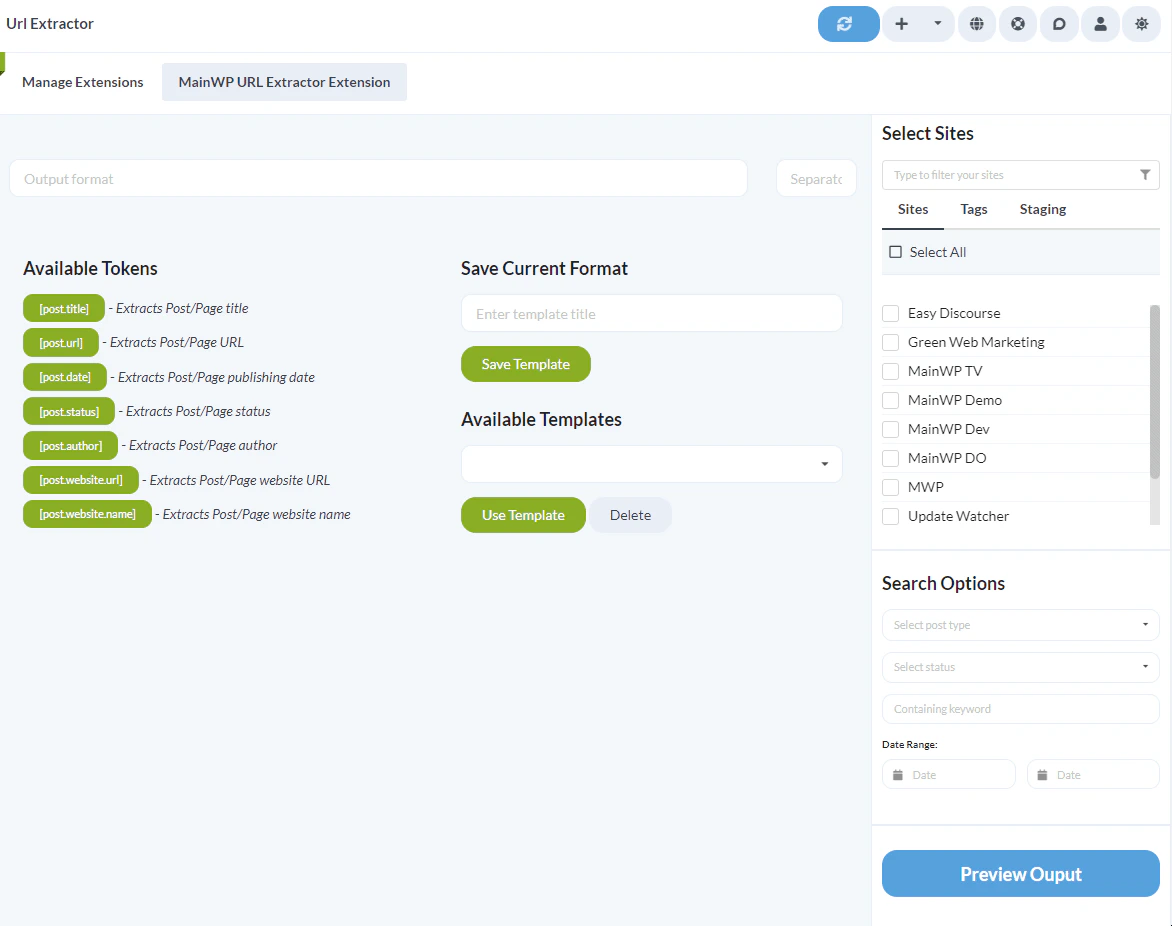 URL Extractor page with output format tokens and sidebar options