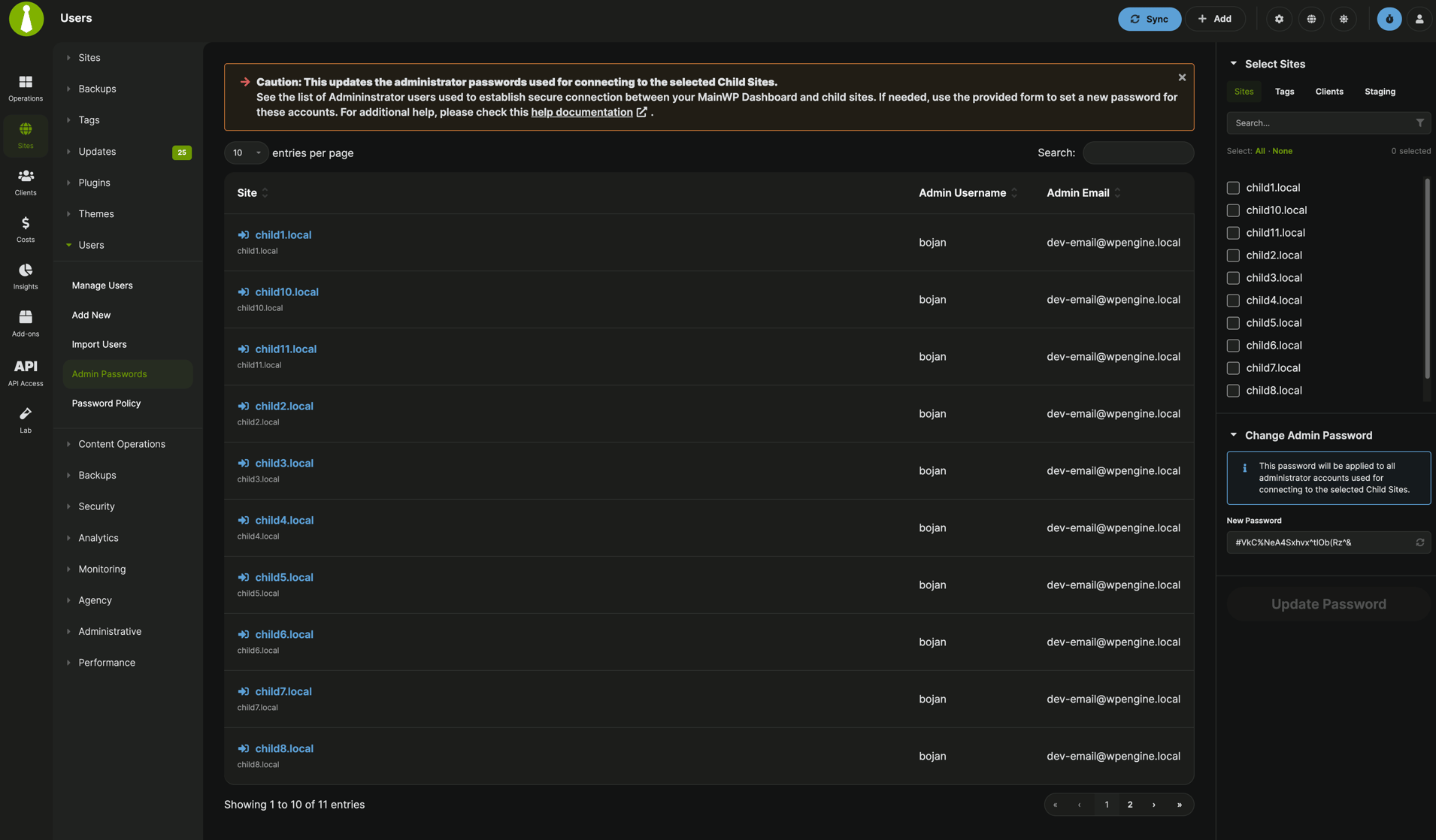 Admin Passwords page in MainWP Dashboard