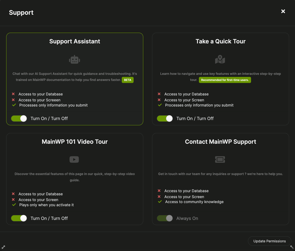MainWP Support modal showing Support Assistant, Quick Tour, Video Tour, and Contact Support options