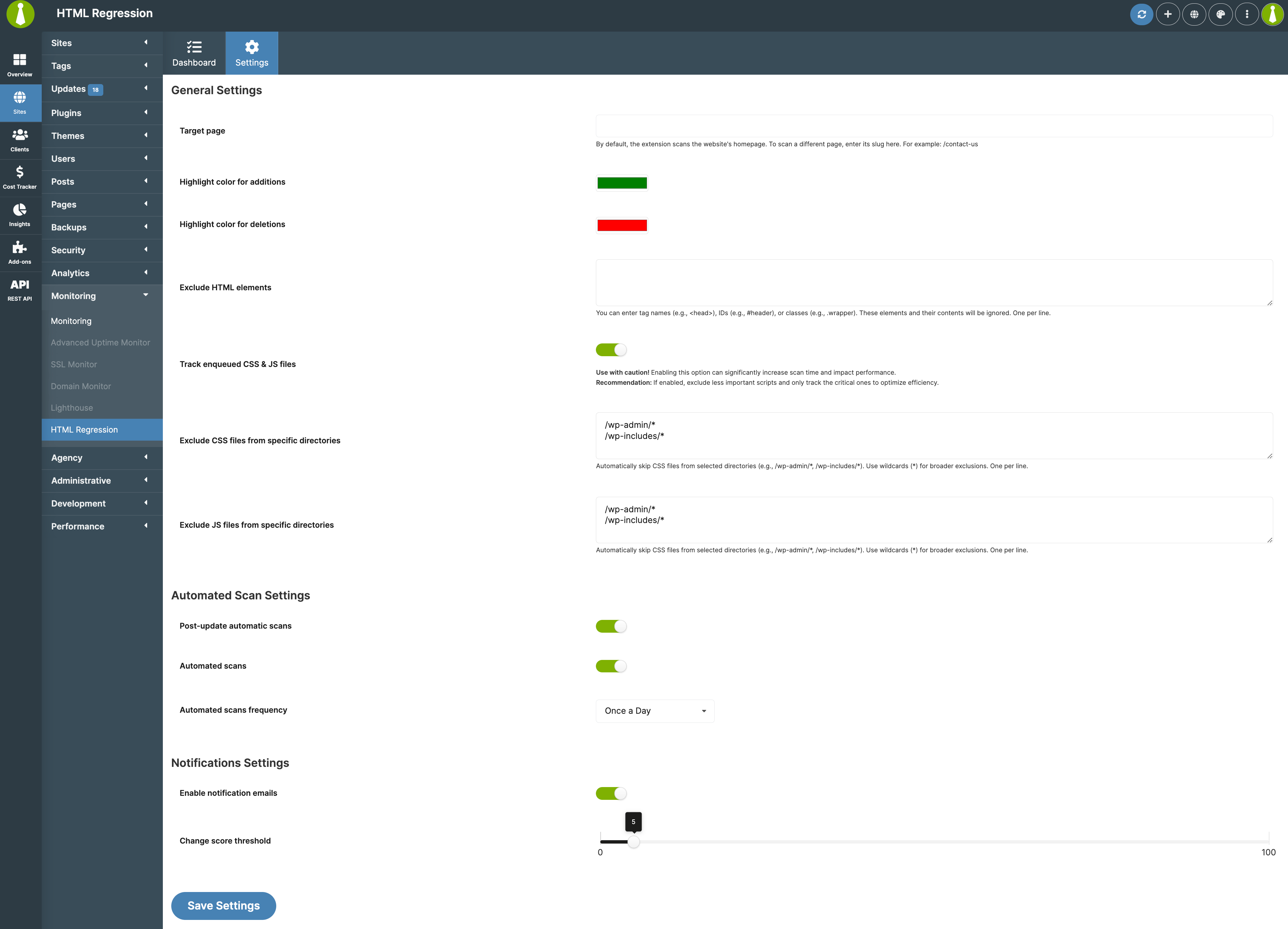 Regression Testing Settings page with target page and highlight colors options