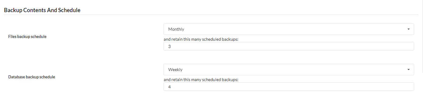 Screenshot of File Backup and Database Backup schedule interval options