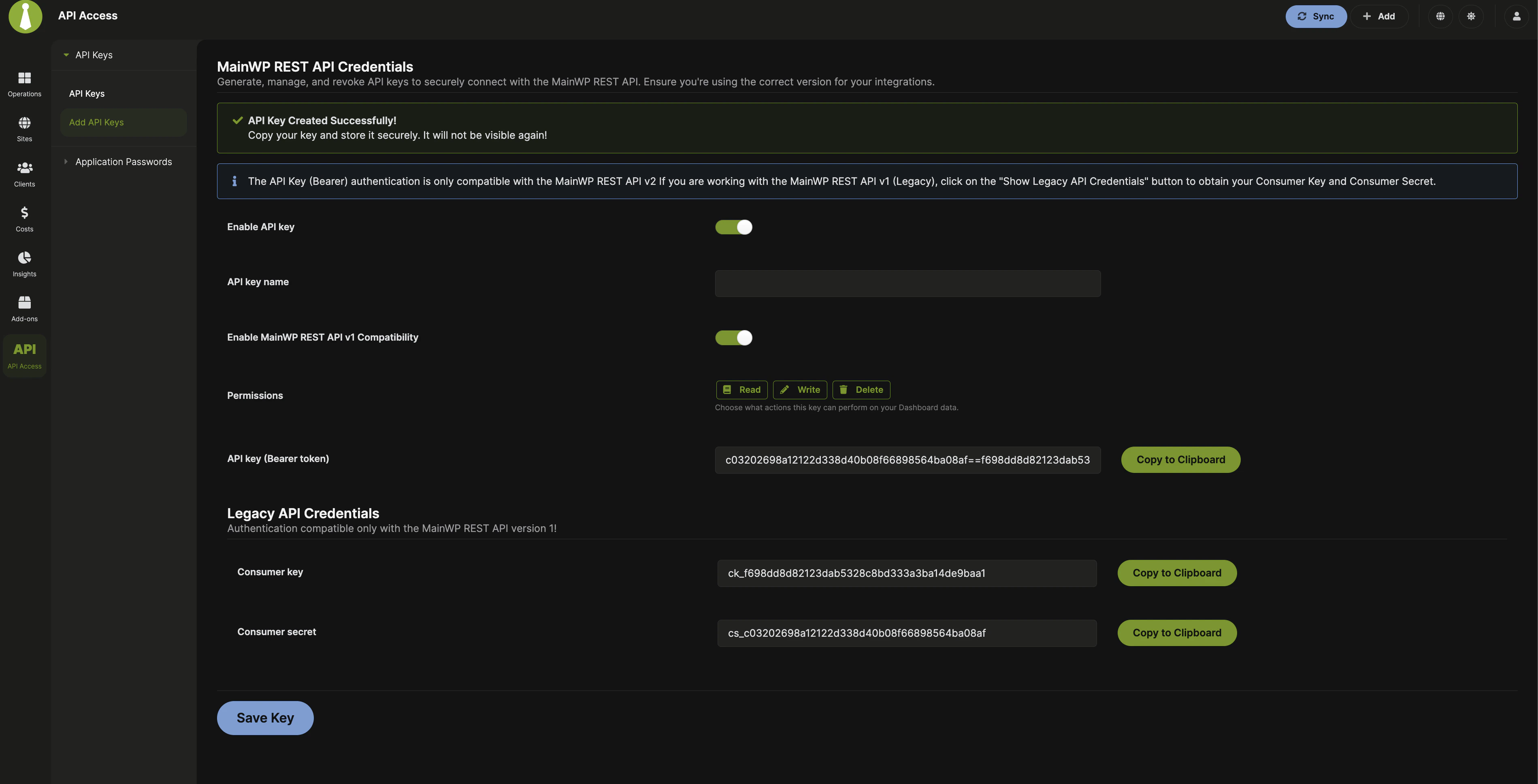 Add API key with v1 compatibility enabled